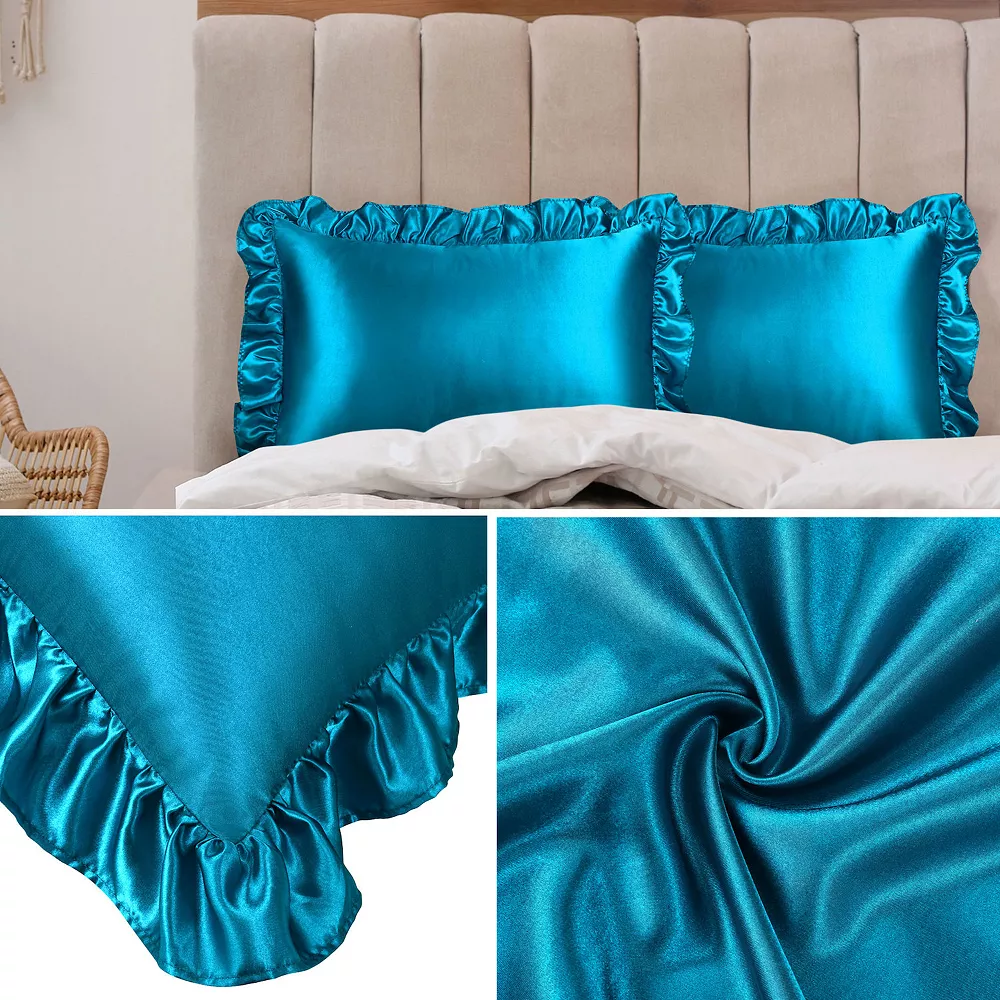 PiccoCasa Retro Satin Ruffle Pillowcases, Envelope Closure Set Of 2 King(20"x36") 6 PiccoCasa Retro Satin Ruffle Pillowcases, Envelope Closure Set Of 2 King(20"x36") - Image 4